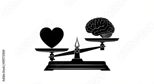 Silhouette of a mechanical weight scale balancing a heart and a human brain representing emotional vs rational choice
