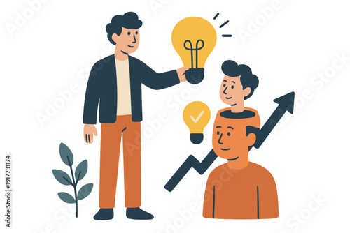 A flat illustration depicts a man holding a large lightbulb over another person whose head contains a smaller figure and a checkmark icon, symbolizing growth and mentorship.