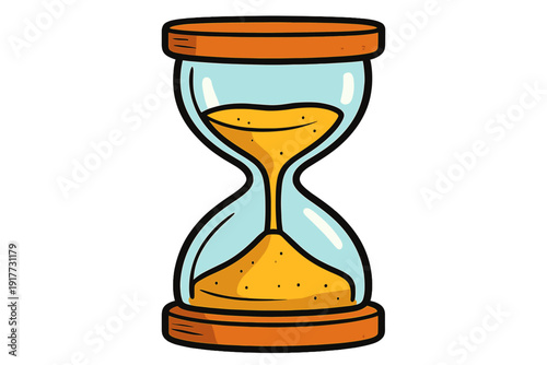 A cartoon illustration of an hourglass with yellow sand flowing from the top bulb to the bottom, featuring orange wooden caps and a light blue glass body on a black background.