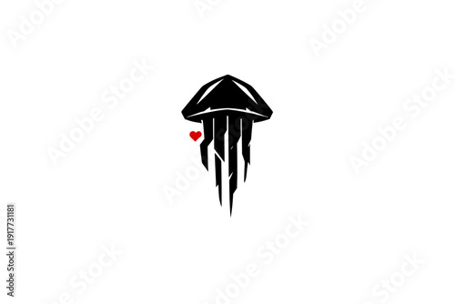 A minimalist graphic illustration featuring a white outline of the African continent on a solid black background with a small red heart placed on the western coast.