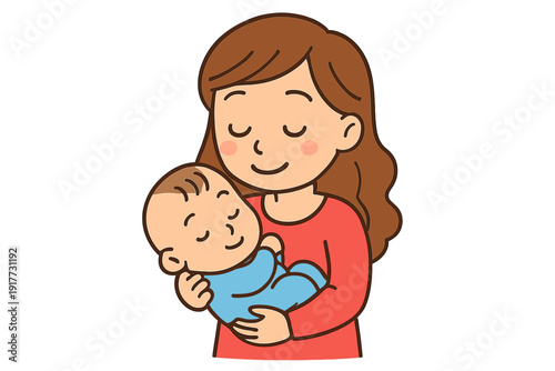 This cartoon illustration depicts a smiling mother with long brown hair wearing a red shirt, tenderly holding her sleeping baby dressed in a blue outfit against a dark background.