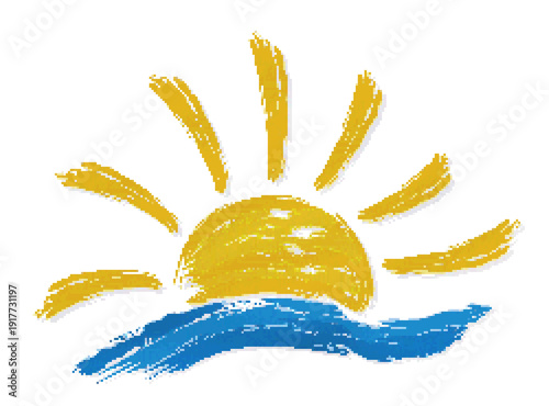 Pixel symbol dawn sun in the sea.