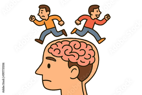 This illustration depicts a man's profile with a visible brain and two small characters running on top, symbolizing psychological struggle, decision making, and conflicting emotions.
