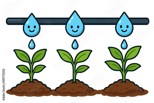 Three young green plants grow in brown soil mounds while being watered by a drip irrigation pipe featuring smiling blue water droplets on a solid black background.