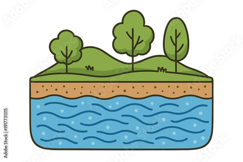 A flat vector illustration showing a cross-section of a landscape with green trees on hills, a brown soil layer, and a blue underground water reservoir with waves and bubbles.