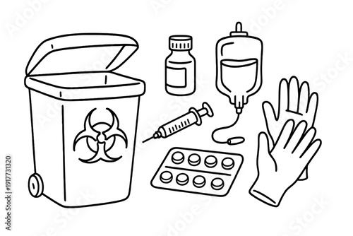 A black and white line art illustration featuring a biohazard waste bin, a syringe, a medicine bottle, an IV bag, a blister pack of pills, and medical gloves on a dark background.