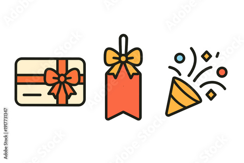 A set of three festive icons including a gift card with a bow, a red gift tag, and a party popper with colorful confetti, all presented in a flat vector style on a black background.