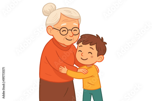 A cheerful cartoon illustration depicts a grandmother with white hair and glasses embracing her young grandson. Both characters are smiling and happy in this warm scene.
