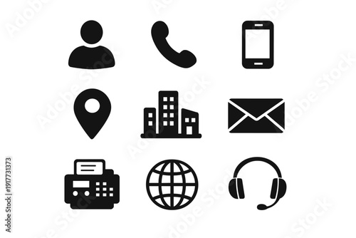 A collection of nine white communication and contact icons arranged in a grid on a black background, including symbols for phone, email, location, globe, person, buildings, and customer support.
