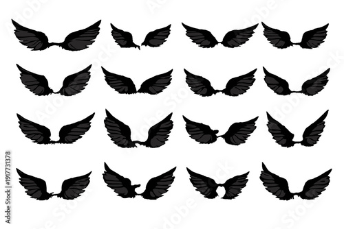 This digital illustration shows a collection of sixteen black feathered wing pairs arranged in a grid. Each pair represents a different frame for a flapping wing animation sequence.
