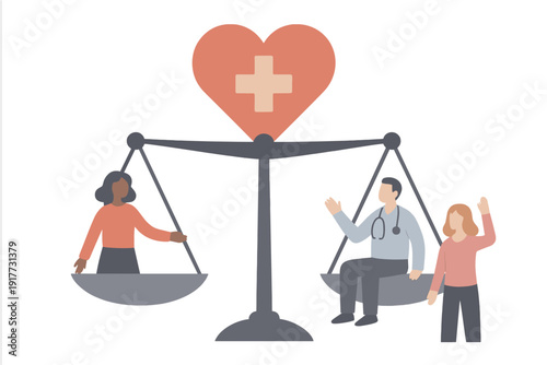 An illustration of a balance scale with a medical heart symbol on top. A woman stands on one side while a doctor and another woman are on the other side, representing healthcare equity.