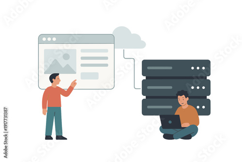 This flat illustration depicts a team working on web development and cloud computing. One person interacts with a website interface while another manages servers using a laptop.
