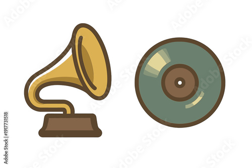 A stylized graphic illustration of a vintage gramophone with a golden horn and a teal vinyl record set against a black background. The design features simple shapes and muted colors.