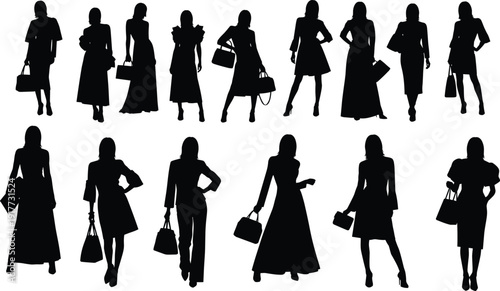 Women silhouettes collection, fashion poses, handbag accessories, stylish clothing, modern design, black and white art, personal style illustration