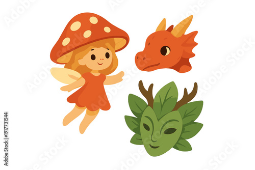 Whimsical digital illustration set featuring a cute mushroom fairy girl, a red dragon head, and a green leaf spirit mask with antlers, all isolated on a solid black background.