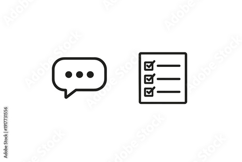 A minimalist illustration featuring a speech bubble icon with an ellipsis and a checklist icon with three checkmarks, both rendered in white line art on a solid black background.