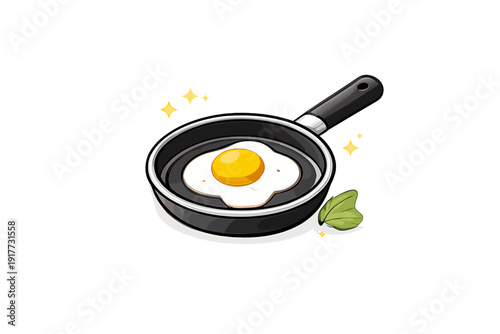 This sticker-style illustration shows a single fried egg with a bright yellow yolk in a black skillet. Decorative yellow stars and a small green leaf accent the cooking scene.