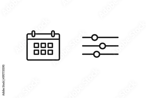 This image displays two simple black line icons on a white background. It includes a calendar symbol for scheduling and a set of three horizontal sliders for settings.