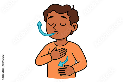 This cartoon illustration shows a young boy practicing mindful breathing. He places his hands on his chest and belly while exhaling, with blue arrows indicating the flow of air.