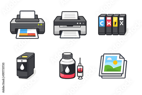 A collection of six flat vector icons related to home and office printing, including printers, ink cartridges, a refill bottle with a syringe, and a stack of printed color photographs.
