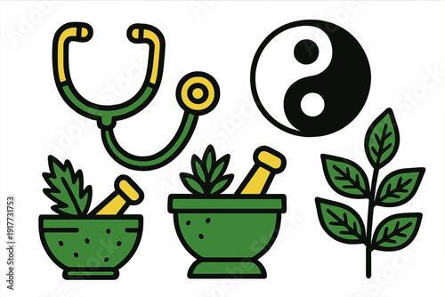 A collection of flat vector icons representing holistic medicine, featuring a stethoscope, yin yang symbol, mortar and pestles with herbs, and a leafy branch on a black background.