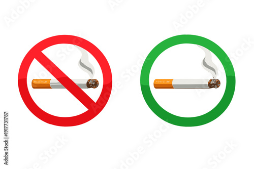 A comparison of smoking regulations featuring a red prohibition sign and a green permission circle, both containing a lit cigarette with smoke on a black backdrop.
