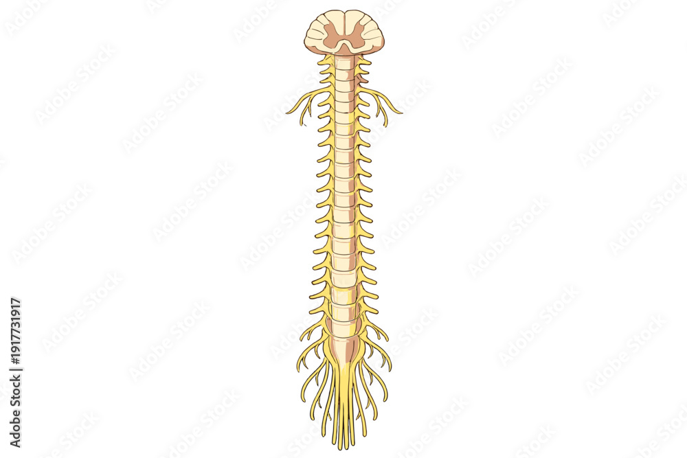 Obraz premium A detailed medical illustration of the human spinal cord with nerve roots and cauda equina, featuring a cross-section at the top, isolated on a solid black background.