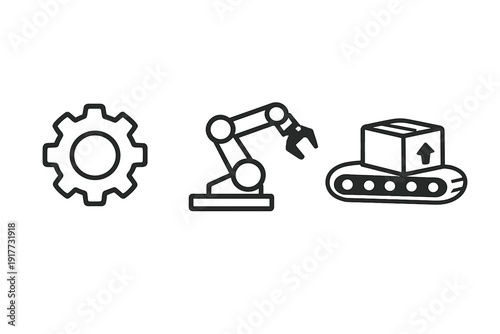 Three minimalist black line icons depicting industrial processes including a mechanical gear, a robotic arm for assembly, and a conveyor belt carrying a cardboard box.