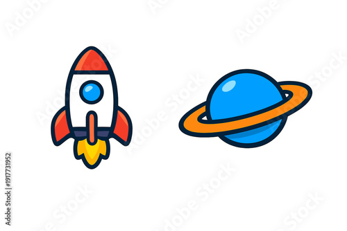 A colorful cartoon illustration featuring a black rocket ship with red fins launching into space next to a blue planet with an orange ring against a solid black background.