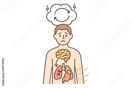 An illustration of a man experiencing stress and anxiety, showing internal organs like the brain and lungs. A thought bubble above his head contains circular arrows and lightning bolts.