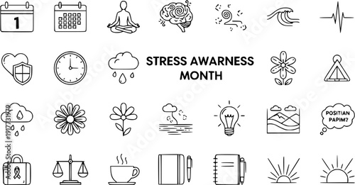 Stress Awareness Month Icons: Health, Calm, and Mindfulness Collection