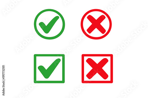 Four icons showing green check marks and red cross marks enclosed in circular and square frames on a black background. These symbols indicate correct and incorrect choices.
