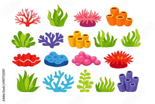 A collection of colorful cartoon illustrations featuring various types of coral, seaweed, sponges, and anemones on a black background. Ideal for marine life and ocean-themed designs.