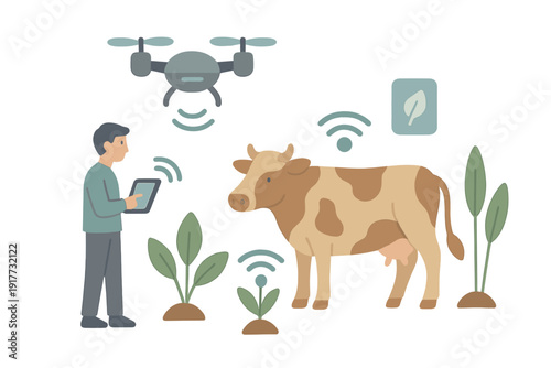 A flat vector illustration showing a farmer using a tablet to monitor a cow, plants, and a drone through wireless signals, representing modern smart agriculture technology.