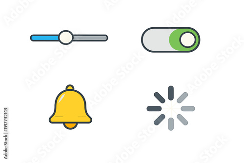 A set of four user interface icons featuring a horizontal slider, a green toggle switch, a yellow notification bell, and a grey loading spinner on a black background.