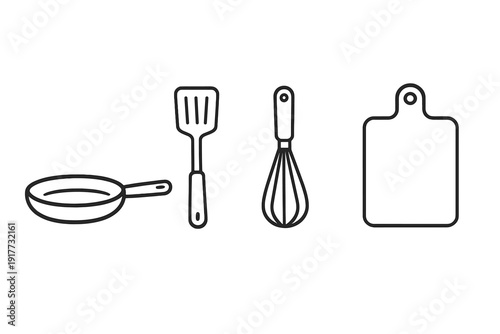 A minimalist black and white line art illustration featuring four essential kitchen utensils: a frying pan, a spatula, a whisk, and a cutting board, arranged horizontally on a white background.
