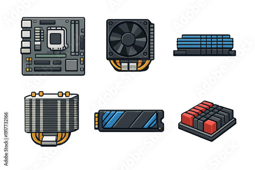 A collection of stylized computer hardware icons including a motherboard, cooling fan, memory module, heatsink, solid state drive, and a mechanical keyboard on a black background.