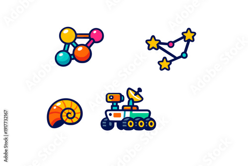 A collection of four science-themed stickers featuring a colorful molecule model, a star constellation, an orange ammonite fossil, and a space exploration rover on a black background.