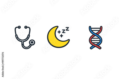 Three colorful flat icons representing healthcare, sleep, and genetics are displayed on a solid black background. The set includes a stethoscope, a crescent moon, and a DNA helix.