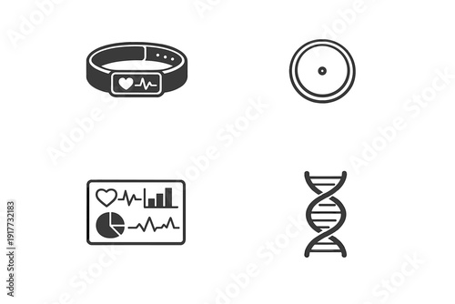 A collection of four white medical and health technology icons on a black background, including a fitness tracker, a DNA helix, a data dashboard, and a circular sensor.