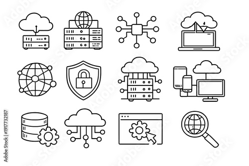 This set of twelve white line icons on a black background features symbols for cloud computing, data storage, network security, global connectivity, and web development services.