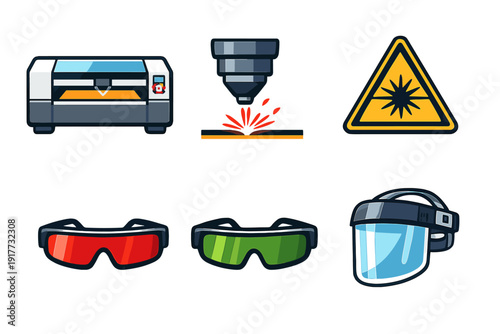 This set of six icons features laser cutting equipment and safety gear such as a laser machine, a cutting nozzle with sparks, a warning sign, safety goggles, and a face shield.