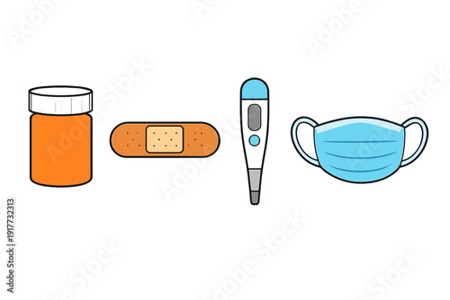 A flat vector illustration featuring a pill bottle, a bandage, a digital thermometer, and a blue surgical face mask arranged horizontally against a solid black background.