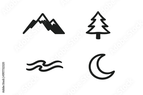A set of four minimalist icons featuring a mountain range, a pine tree, wavy water lines, and a crescent moon. These simple symbols represent nature, adventure, travel, and the outdoors.