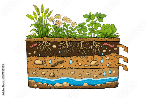 An illustration showing a cross-section of soil layers with plants growing on top, featuring roots, worms, rocks, water droplets, and a groundwater aquifer at the bottom.