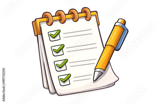 A cartoon illustration of a spiral-bound notepad with green checkmarks on a checklist and a yellow pen resting on the side, set against a solid black background.