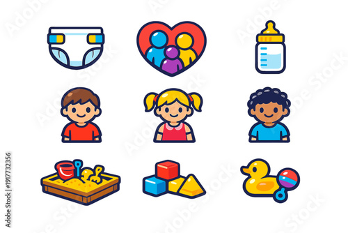 This set of nine vibrant icons includes a diaper, family heart, baby bottle, three diverse children, a sandbox, building blocks, and a rubber duck with a rattle.