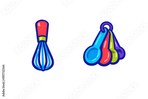 A colorful cartoon illustration of a kitchen whisk with a red handle and blue wires next to a set of four multi-colored measuring spoons on a solid black background.