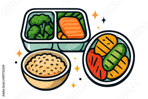A colorful sticker pack illustration featuring healthy meal prep containers with broccoli, salmon, a bowl of whole grains, and a plate of grilled vegetables on a dark background.