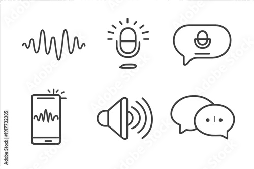 A collection of six minimalist line icons representing sound, voice recording, and communication, including a microphone, speaker, sound waves, and speech bubbles on a dark background.